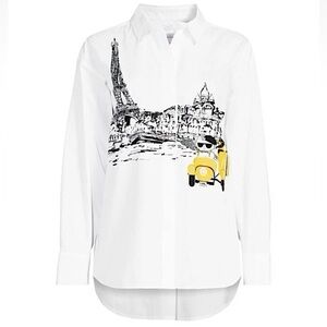 KARL LAGERFELD PARIS Choupette Scooter Graphic Button Down Blouse Small